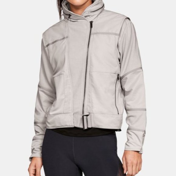 NWT $180 UNDER ARMOUR Women L Generation Moto Hooded Jacket in Earth Gray - Picture 4 of 11